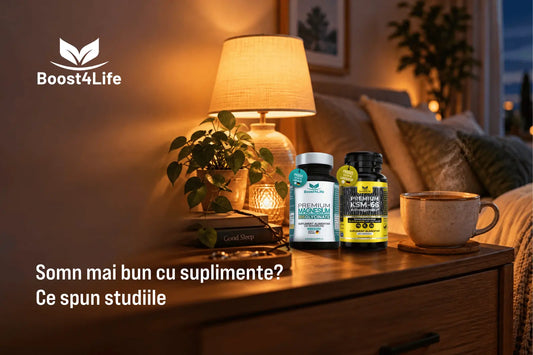 Flacoane de ashwagandha și magneziu lângă o cană de ceai, pe noptiera unui dormitor luminat slab, seara