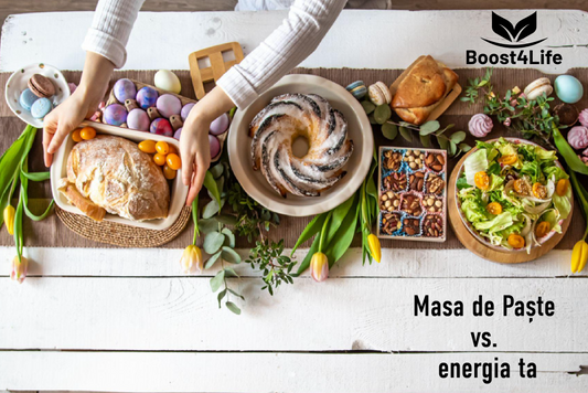 Masă tradițională de Paște cu ouă roșii, cozonac și preparate festive, concept digestie și metabolism