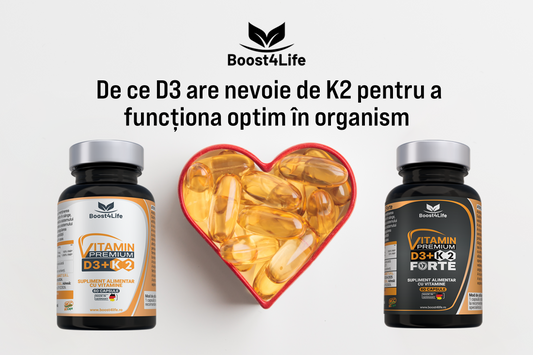 De ce vitamina D3 este adesea asociată cu vitamina K2? Află cum funcționează sinergia D3 + K2 pentru oase, inimă și imunitate. Boost4Life