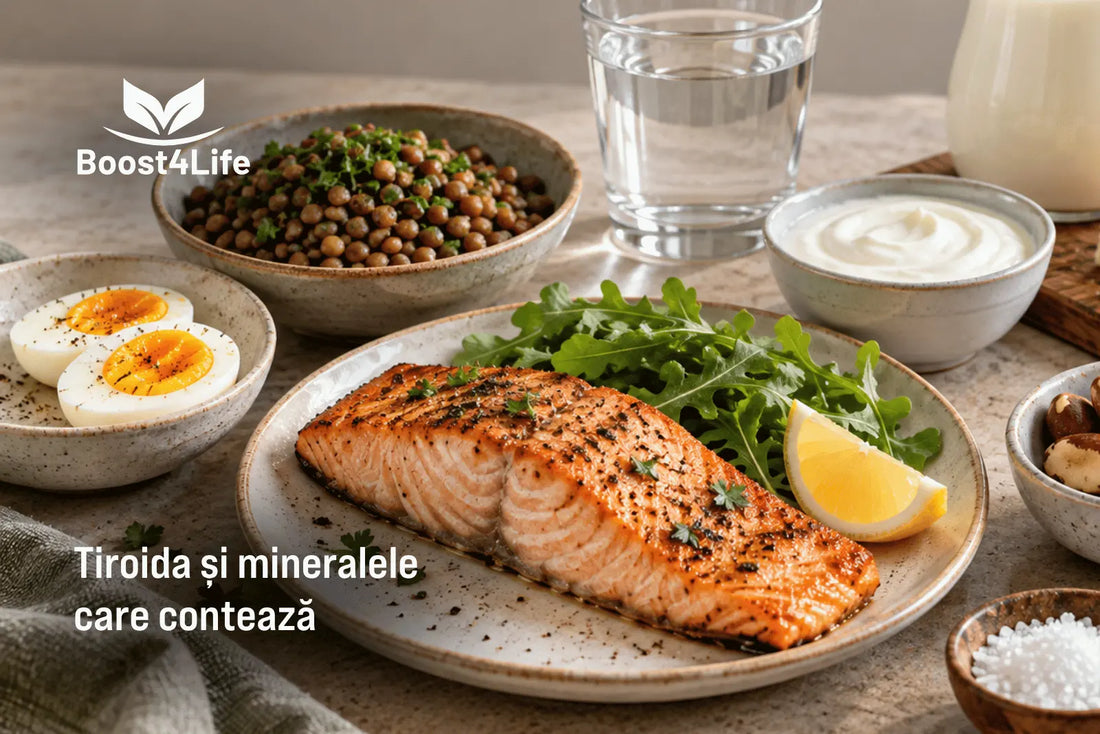 Surse alimentare de iod, seleniu și zinc: pește, ouă, lactate, nuci braziliene, leguminoase și sare iodată 