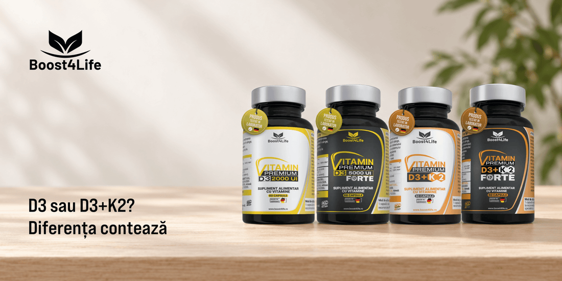 Cele 4 suplimente Boost4Life - Vitamin Premium D3 2000 UI, D3 5000 UI Forte, D3+K2 și D3+K2 Forte 