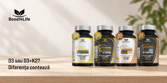 Cele 4 suplimente Boost4Life - Vitamin Premium D3 2000 UI, D3 5000 UI Forte, D3+K2 și D3+K2 Forte 