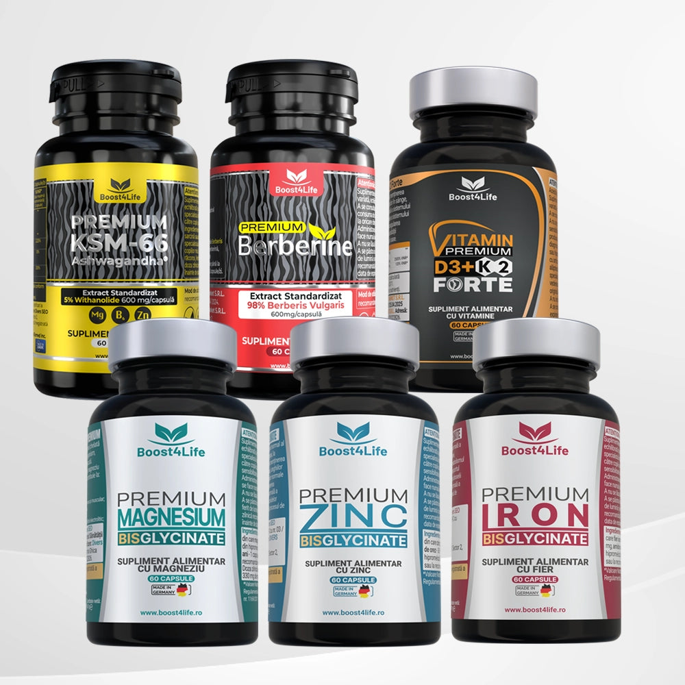Mega Kit Vitalitate: Magneziu Bisglicinat + Berberine Premium + Vitamin Premium D3+K2 (5000 UI) + Ashwagandha KSM-66 + Zinc Bisglicinat Premium + Fier Bisglicinat