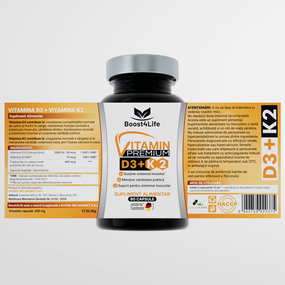 Vitamin D3+K2 Premium, Green Caps, 60 capsule