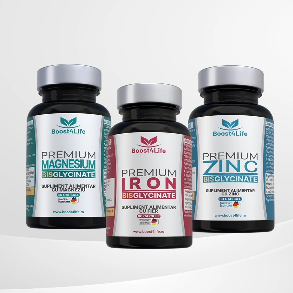 Minerale Esențiale: Magneziu Bisglicinat + Fier Bisglicinat + Zinc Bisglicinat