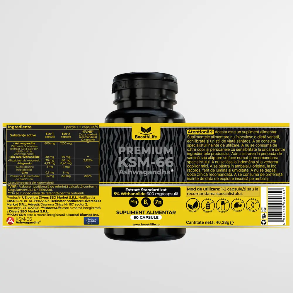 Ashwagandha KSM-66 Premium, 600 mg, 60 capsule vegane