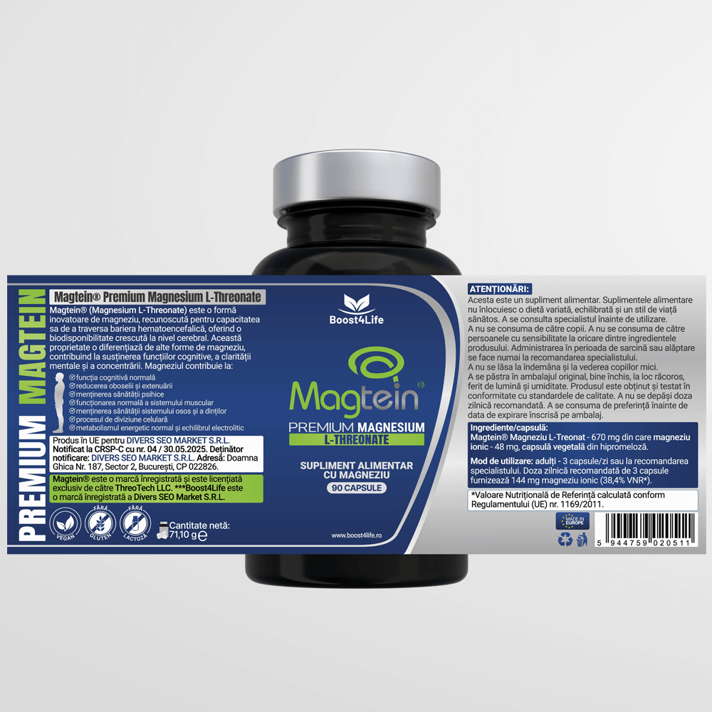Magtein® Magneziu L-Treonat  Premium, 670 mg, 90 Capsule Vegane