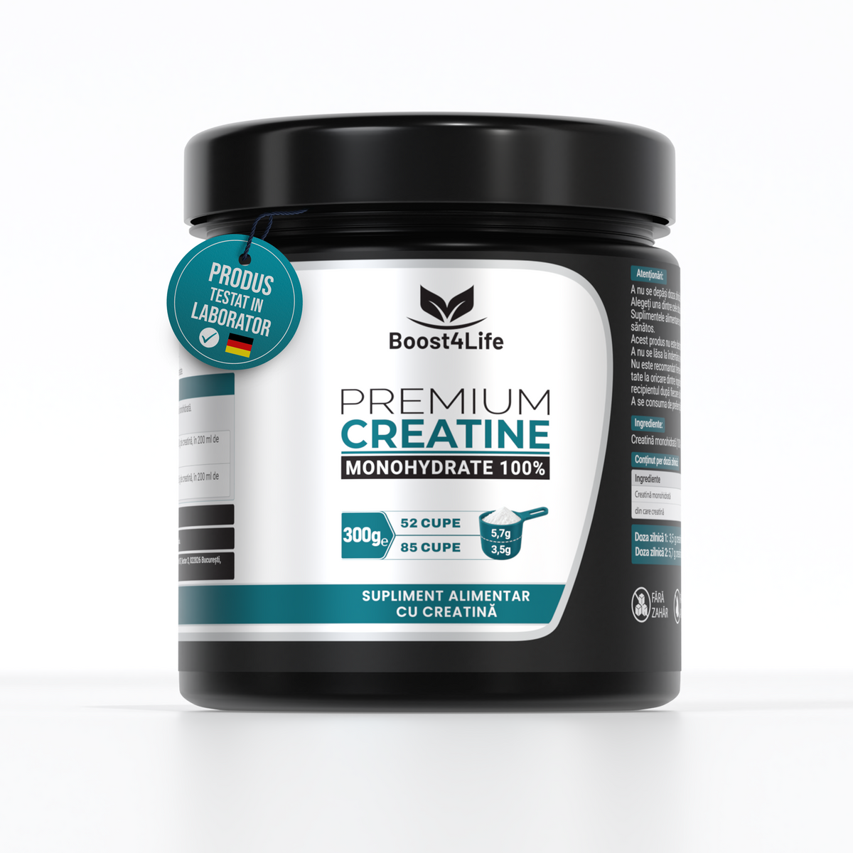 Premium Creatina Monohidrata 100%, 300 g, 52 sau 85 portii, cupa cu dozaj dublu 3, 5 g/5, 7 g, fara aroma, vegan
