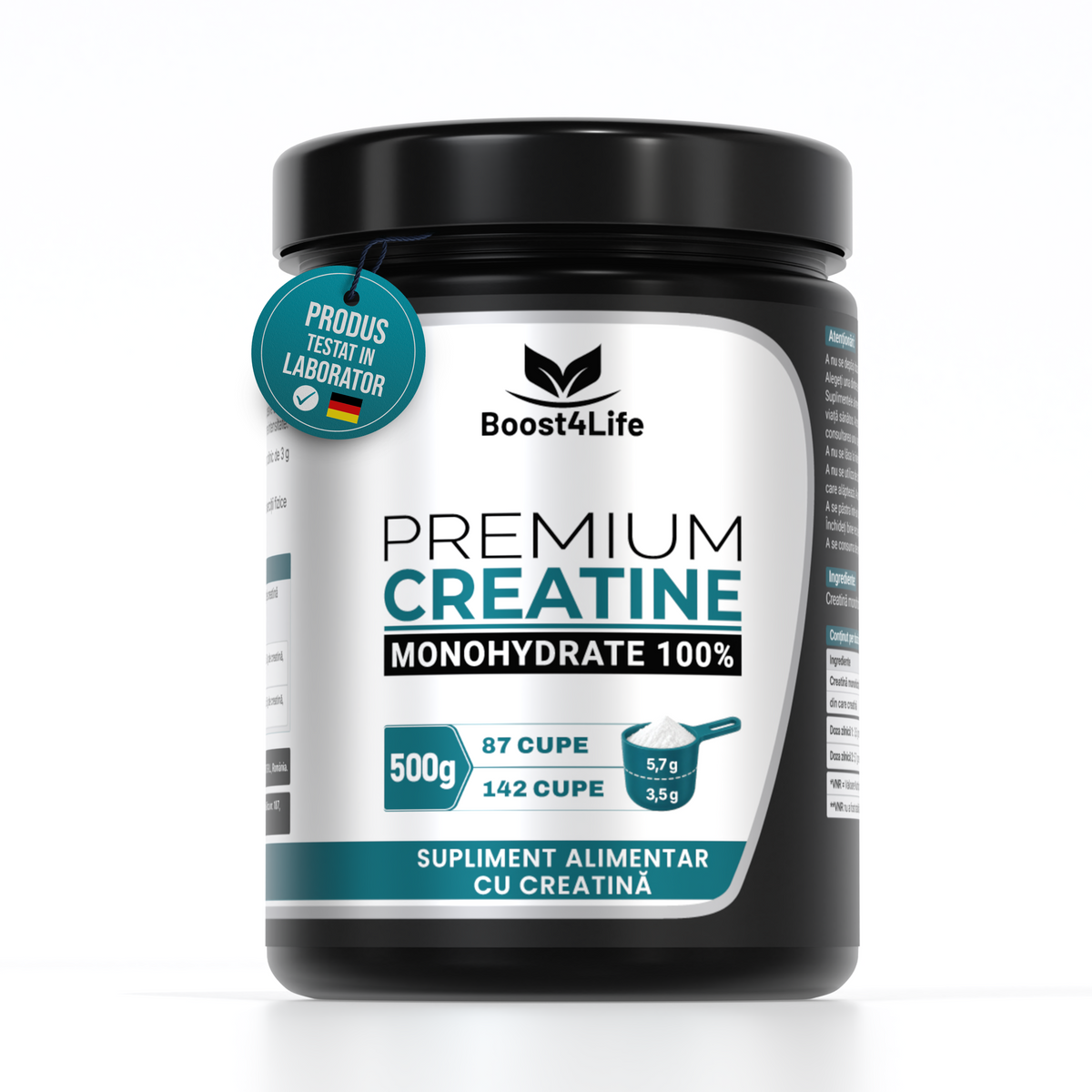 Premium Creatina Monohidrata 100%, 500 g, 87 sau 142 portii, cupa cu dozaj dublu 3,5 g/5,7 g, fara aroma, vegan